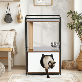Cat Tree With Feeding Station Cat Condo With Scratching Posts, Small Cat Tree For Indoor Cats With Food Station, Furniture Style Cat House, Indoor Mul