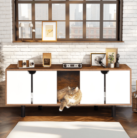 Cat Litter Box Enclosure For 2 Cats, Double Hidden Litter Box Furniture Large Cat Washroom, Indoor Cat House Cabinet TV Stand End Table, White  Vintag